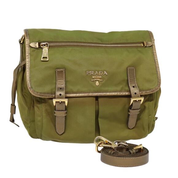 PRADA Shoulder Bag Nylon Khaki Gold - Picture 1 of 16